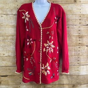 Vintage Storybook Knit sweater size large style Holiday Floral red